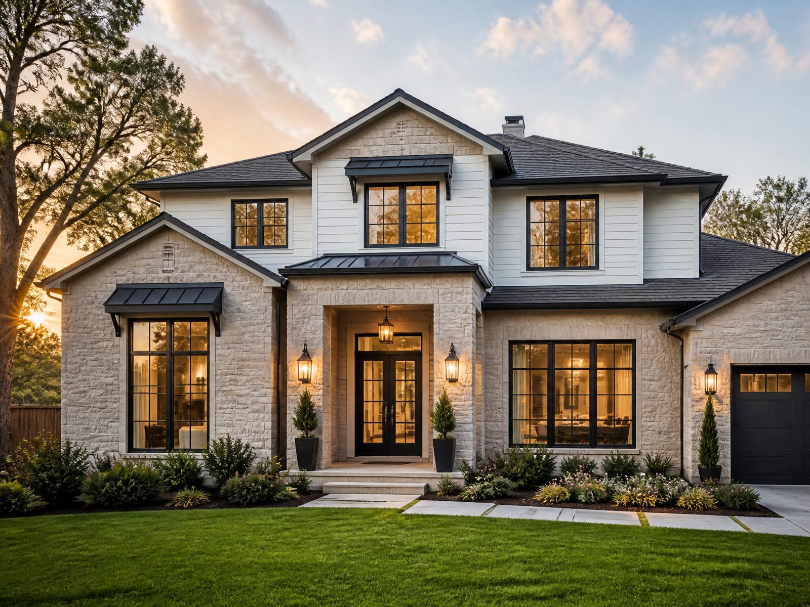 Two-story residential home with stone and white siding at golden hour